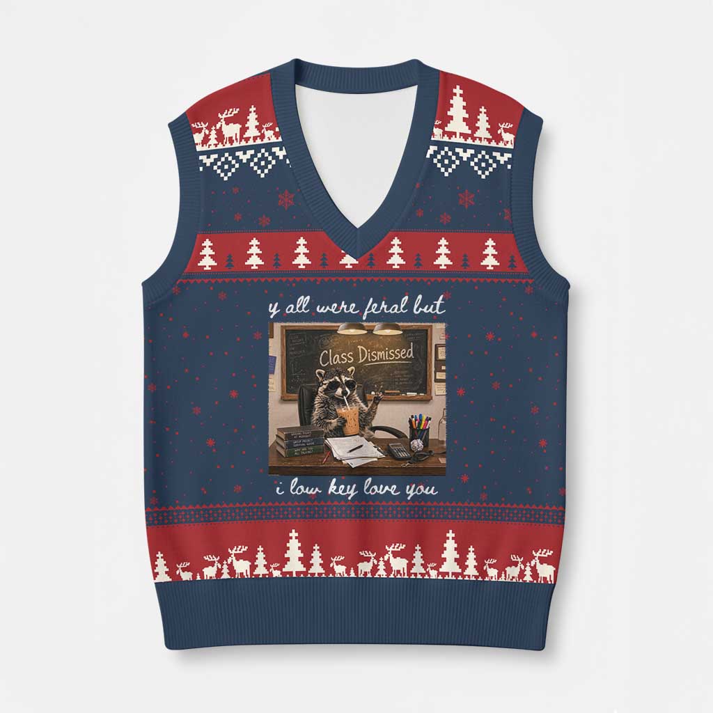 Last Day of School Teacher Feral Raccoon V-Neck Knit Sweater Vest Funny End of Year Summer Break Gift TS14 Navy Red Print Your Wear