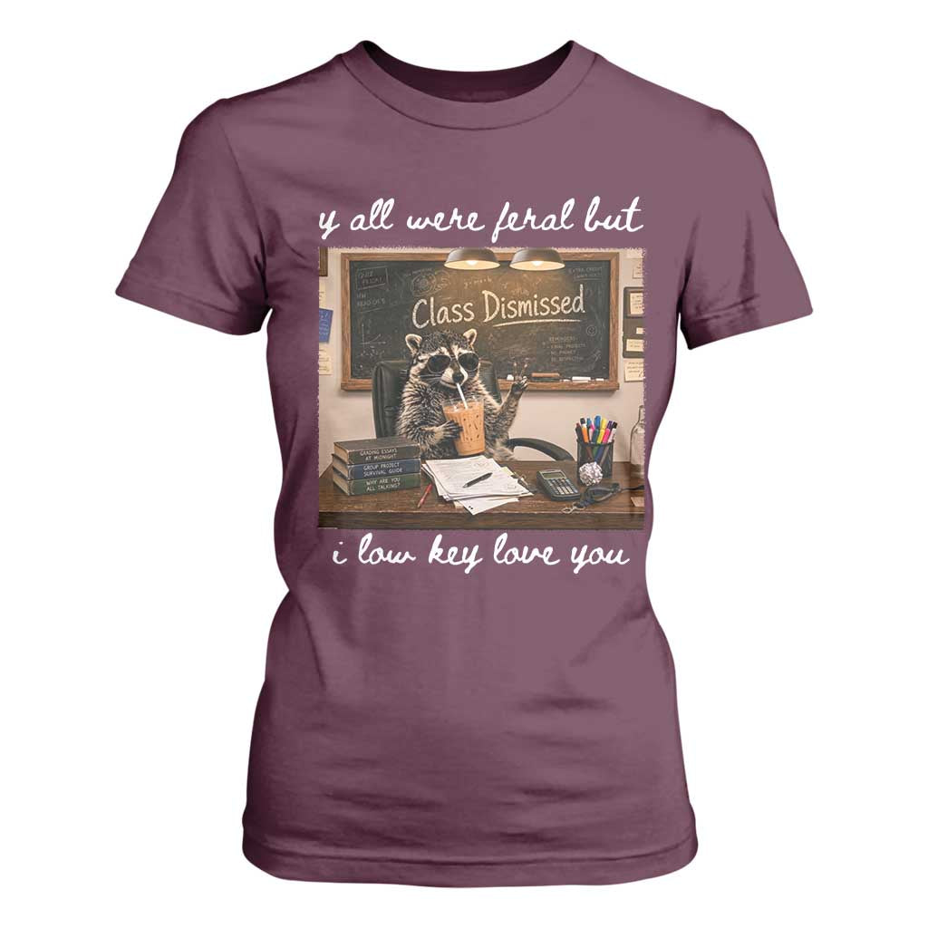 Last Day of School Teacher Feral Raccoon T Shirt For Women Funny End of Year Summer Break Gift TS14 Maroon Print Your Wear