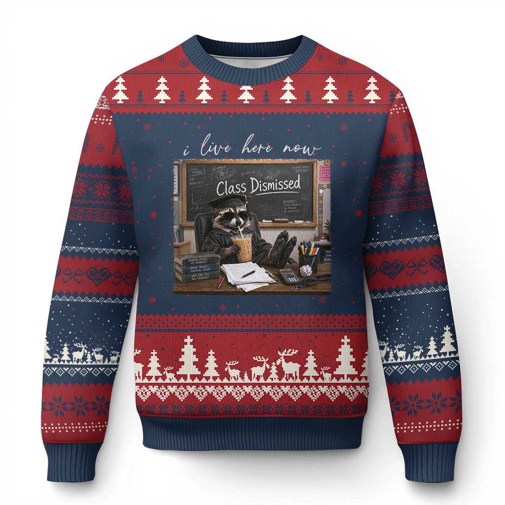 Funny Raccoon Graduation Ugly Christmas Sweater I Live Here Now TS14 Navy Red Print Your Wear