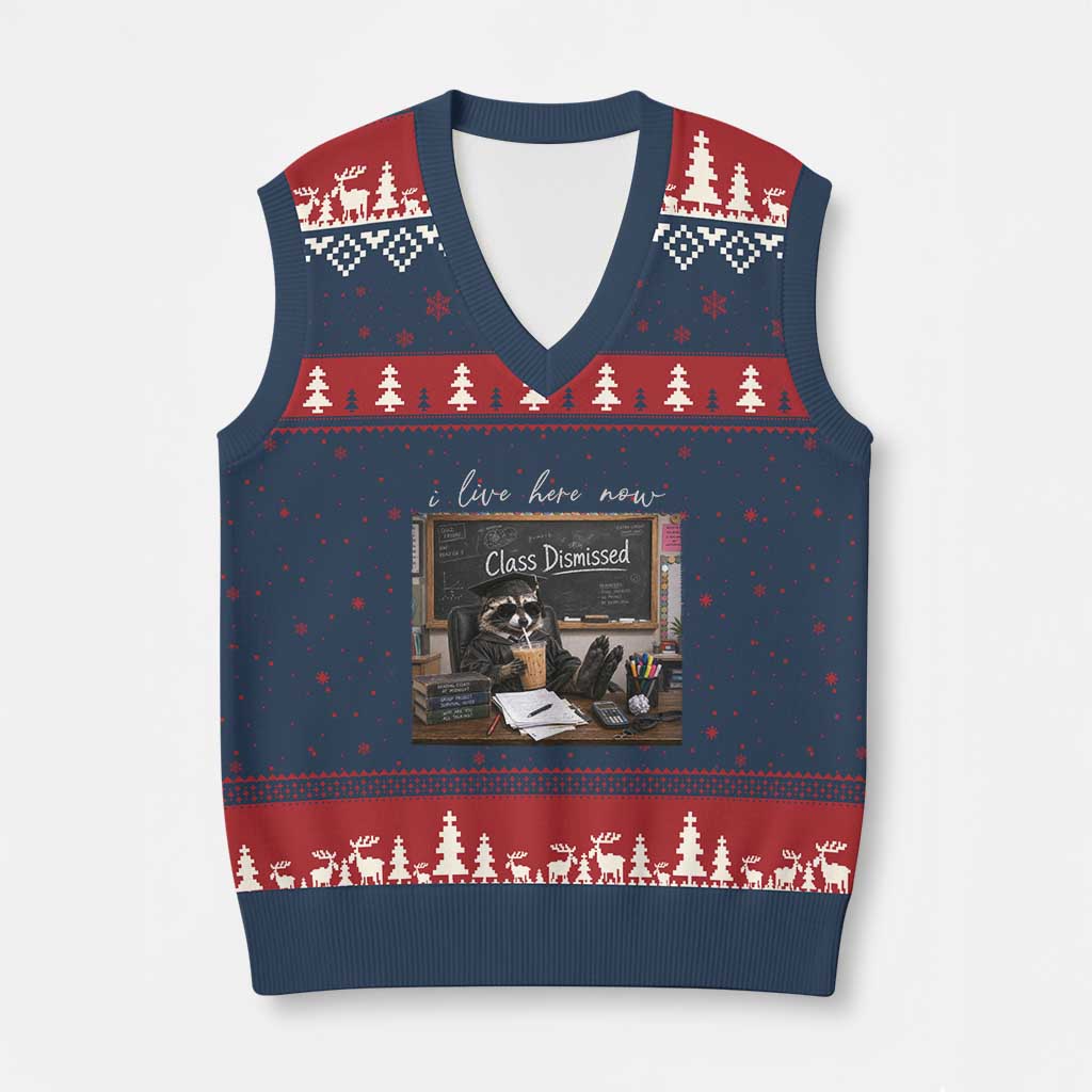 Funny Raccoon Graduation V-Neck Knit Sweater Vest I Live Here Now TS14 Navy Red Print Your Wear