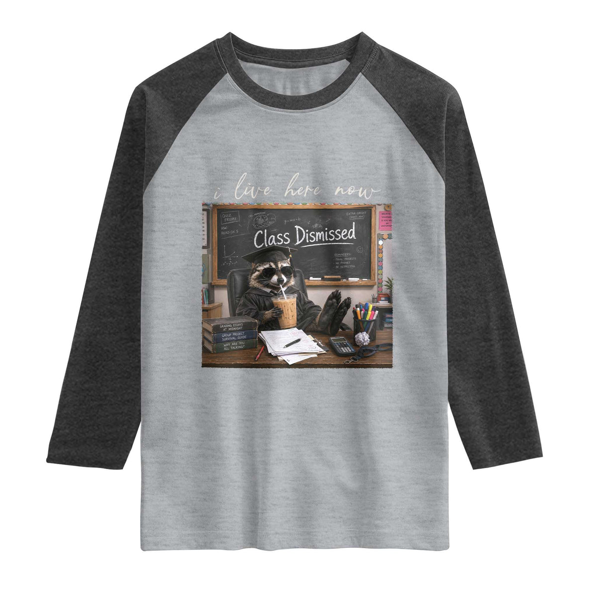 Funny Raccoon Graduation Raglan Shirt I Live Here Now TS14 Heather Gray Heather Charcoal Print Your Wear