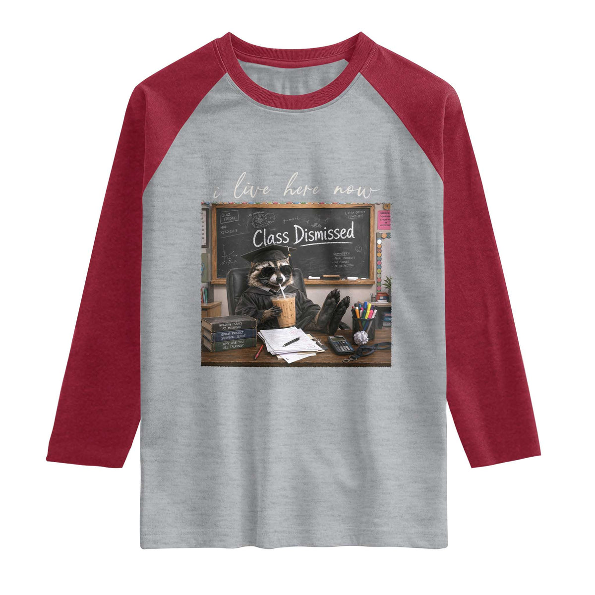 Funny Raccoon Graduation Raglan Shirt I Live Here Now TS14 Heather Gray Heather Red Print Your Wear