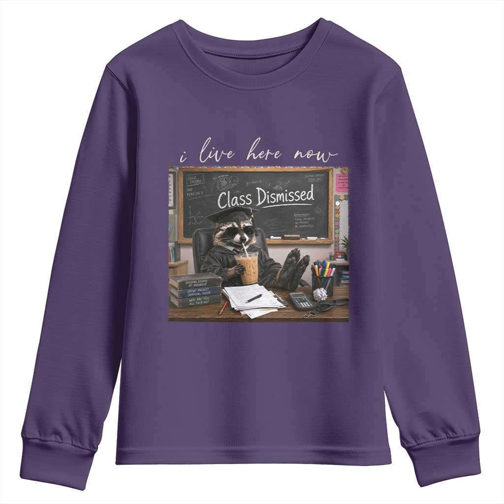 Funny Raccoon Graduation Youth Sweatshirt I Live Here Now TS14 Purple Print Your Wear