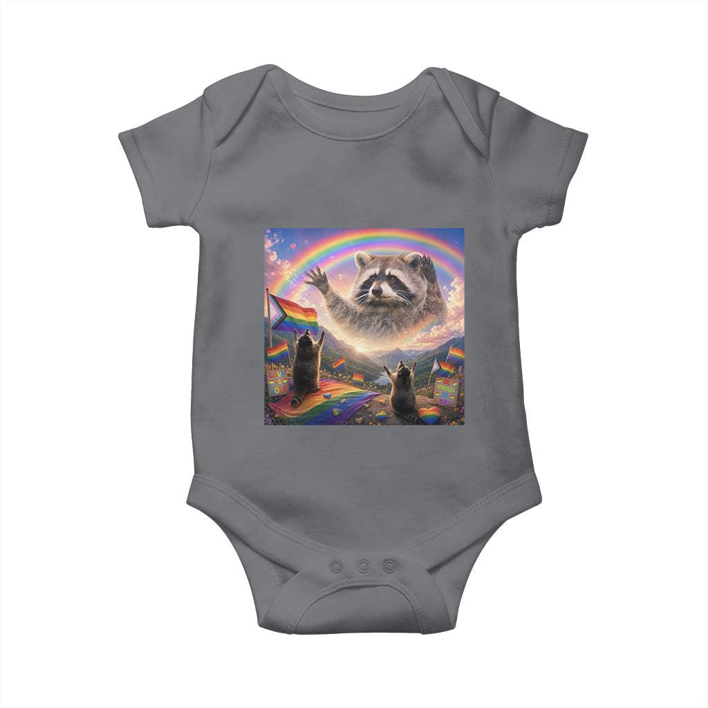 LGBTQ Pride Raccoon Rainbow Flag Baby Onesie Two Raccoons Howling to The Rainbow TS14 Charcoal Print Your Wear