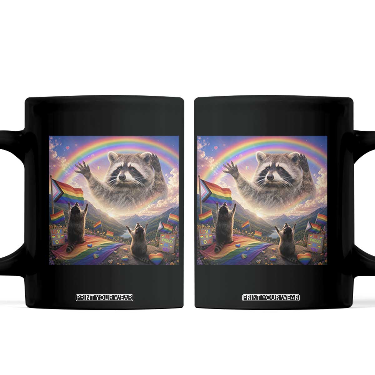 LGBTQ Pride Raccoon Rainbow Flag Coffee Mug Two Raccoons Howling to The Rainbow