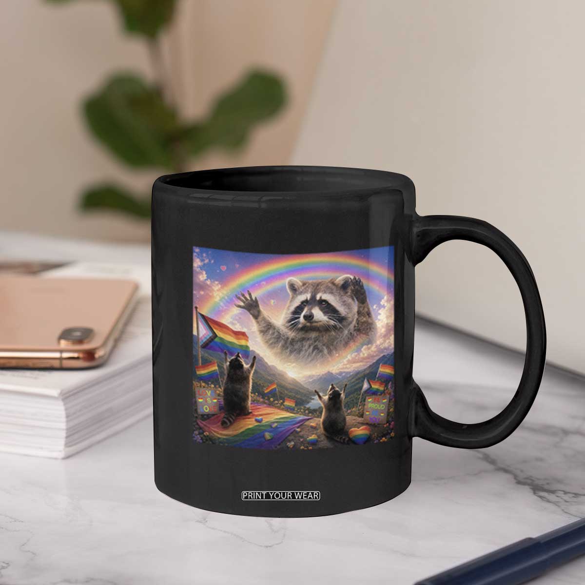 LGBTQ Pride Raccoon Rainbow Flag Coffee Mug Two Raccoons Howling to The Rainbow