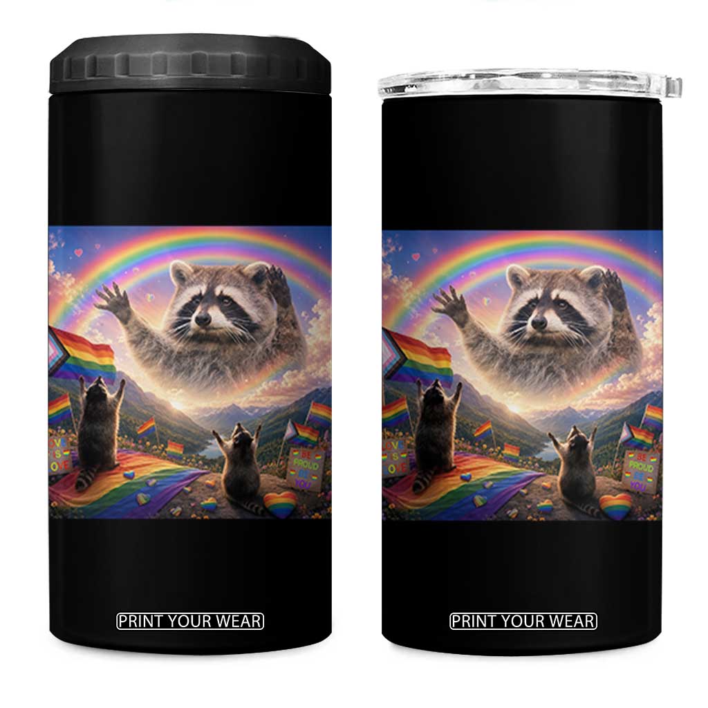 LGBTQ Pride Raccoon Rainbow Flag 4 in 1 Can Cooler Tumbler Two Raccoons Howling to The Rainbow TS14 One Size: 16 oz Black Print Your Wear