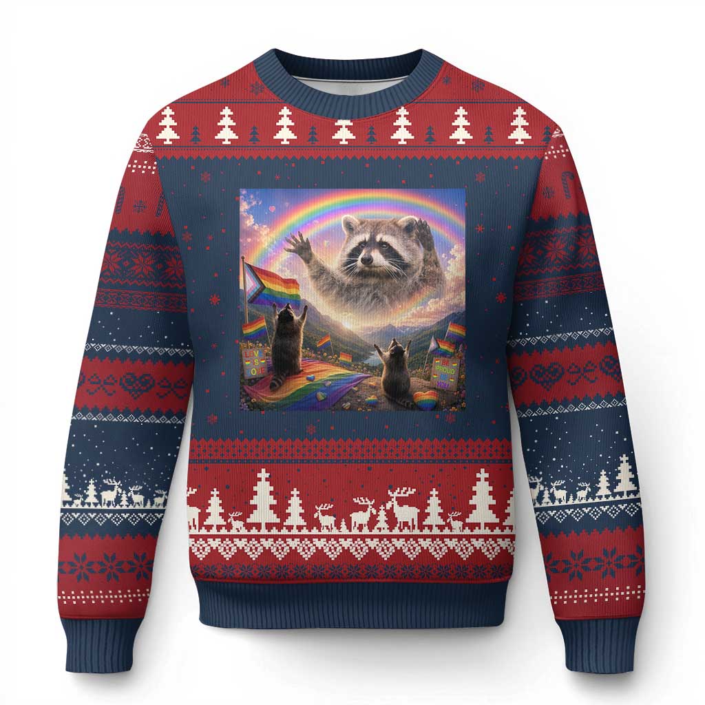 LGBTQ Pride Raccoon Rainbow Flag Ugly Christmas Sweater Two Raccoons Howling to The Rainbow TS14 Navy Red Print Your Wear