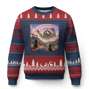 LGBTQ Pride Raccoon Rainbow Flag Ugly Christmas Sweater Two Raccoons Howling to The Rainbow TS14 Navy Red Print Your Wear