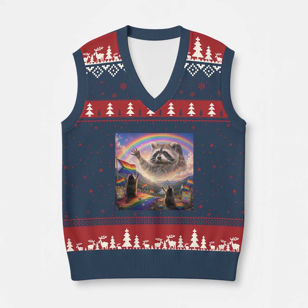 LGBTQ Pride Raccoon Rainbow Flag V-Neck Knit Sweater Vest Two Raccoons Howling to The Rainbow TS14 Navy Red Print Your Wear