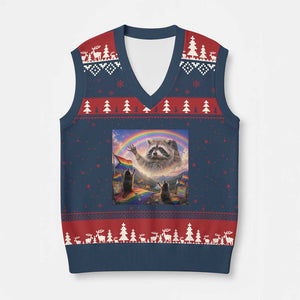 LGBTQ Pride Raccoon Rainbow Flag V-Neck Knit Sweater Vest Two Raccoons Howling to The Rainbow TS14 Navy Red Print Your Wear