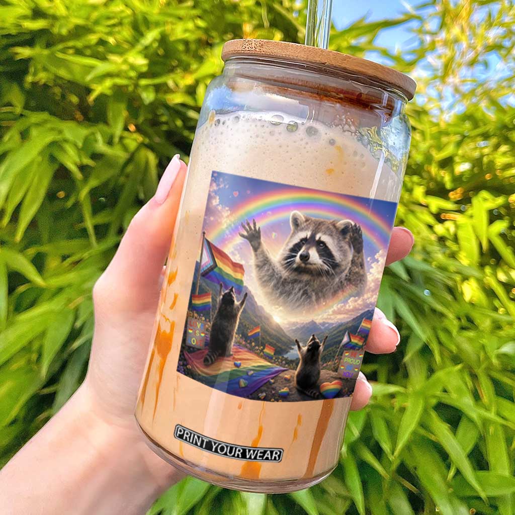 LGBTQ Pride Raccoon Rainbow Flag Glass Can Two Raccoons Howling to The Rainbow TS14 Black Print Your Wear