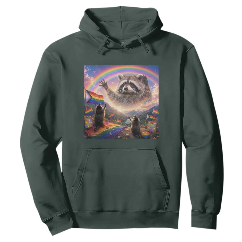 LGBTQ Pride Raccoon Rainbow Flag Hoodie Two Raccoons Howling to The Rainbow TS14 Dark Forest Green Print Your Wear