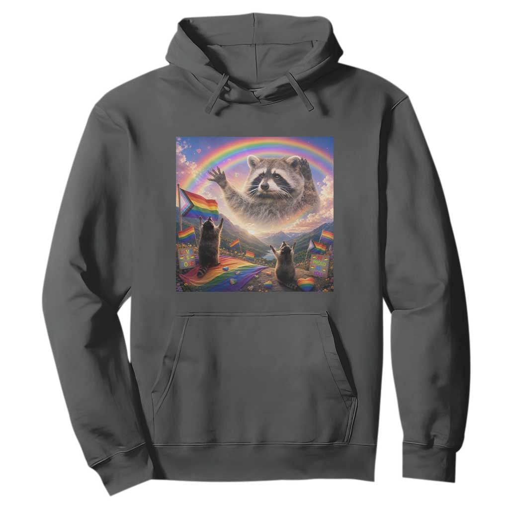 LGBTQ Pride Raccoon Rainbow Flag Hoodie Two Raccoons Howling to The Rainbow TS14 Dark Heather Print Your Wear