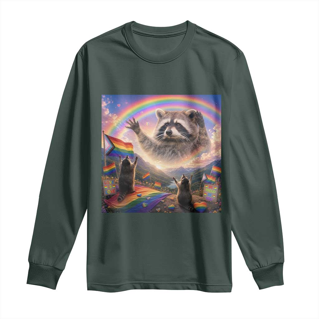 LGBTQ Pride Raccoon Rainbow Flag Long Sleeve Shirt Two Raccoons Howling to The Rainbow TS14 Dark Forest Green Print Your Wear
