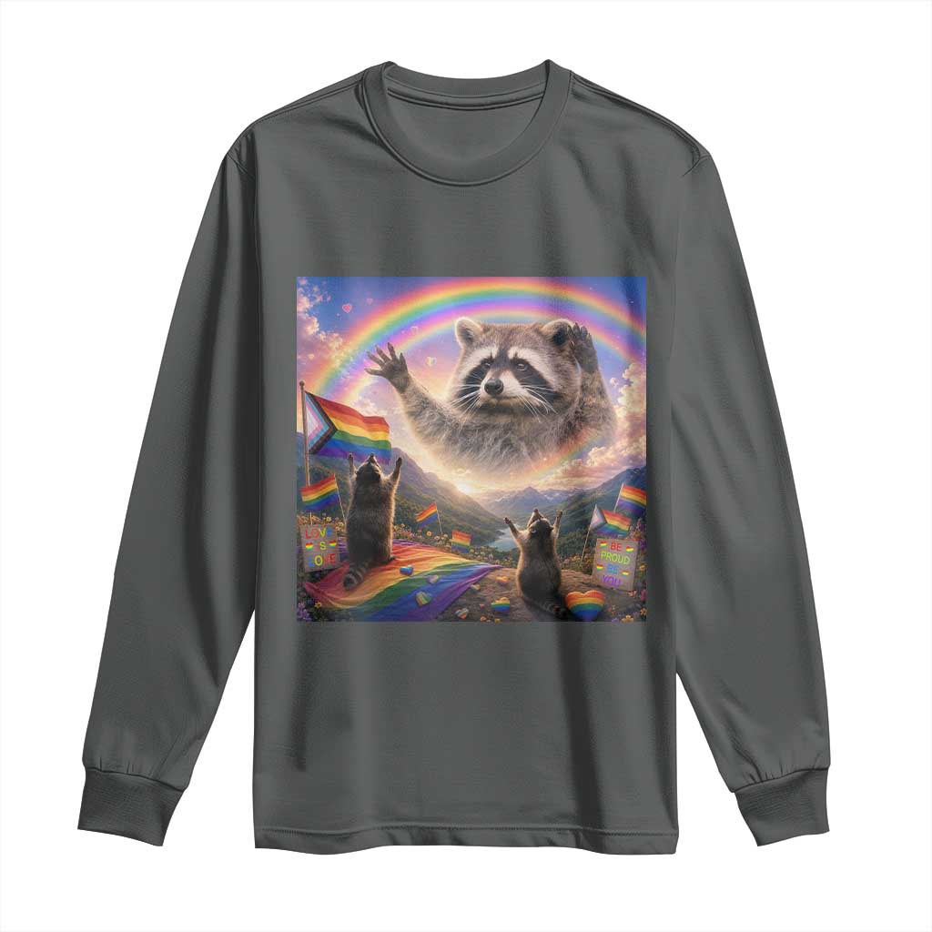 LGBTQ Pride Raccoon Rainbow Flag Long Sleeve Shirt Two Raccoons Howling to The Rainbow TS14 Dark Heather Print Your Wear
