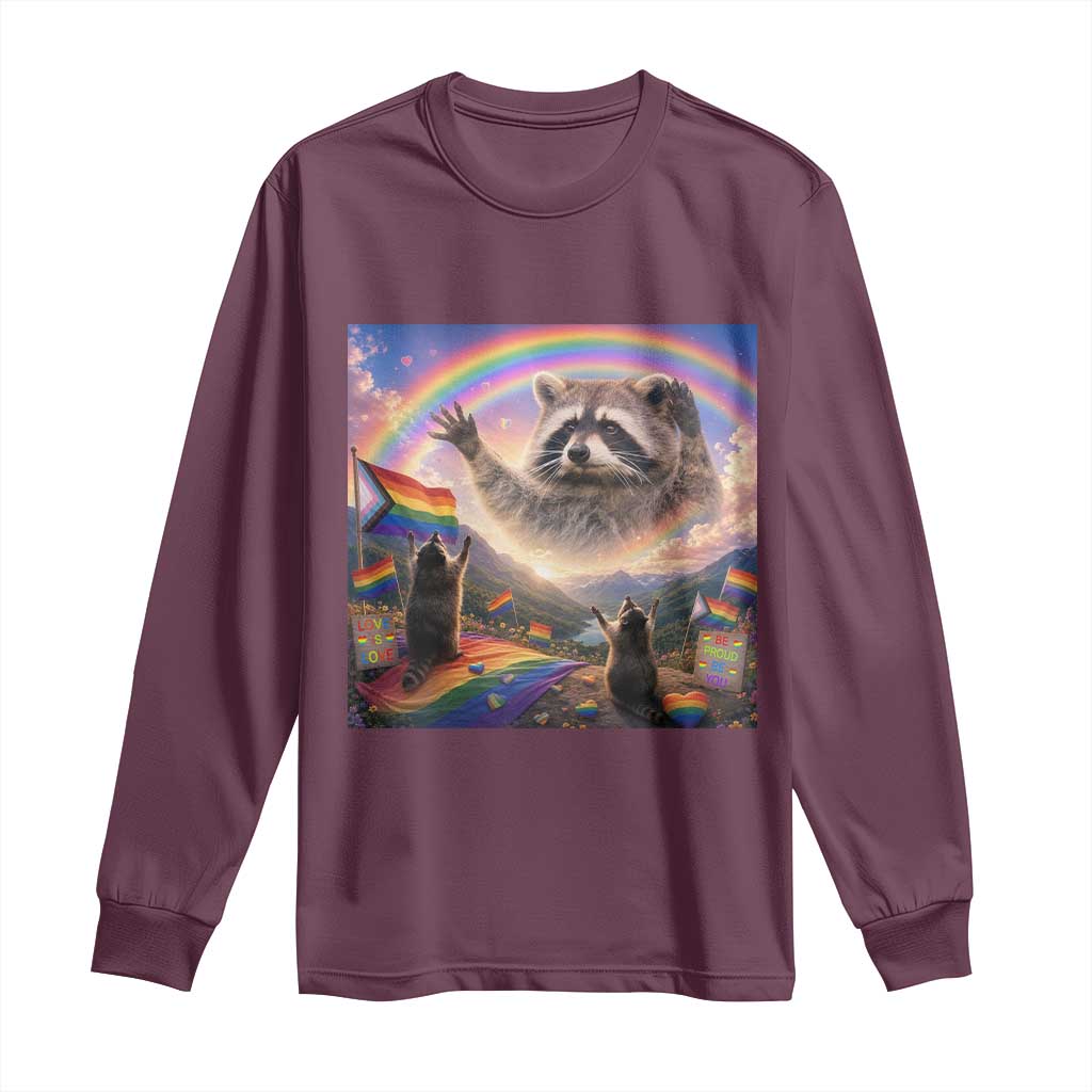 LGBTQ Pride Raccoon Rainbow Flag Long Sleeve Shirt Two Raccoons Howling to The Rainbow TS14 Maroon Print Your Wear