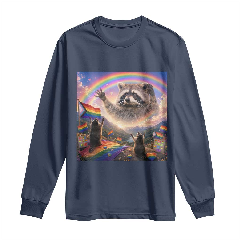 LGBTQ Pride Raccoon Rainbow Flag Long Sleeve Shirt Two Raccoons Howling to The Rainbow TS14 Navy Print Your Wear