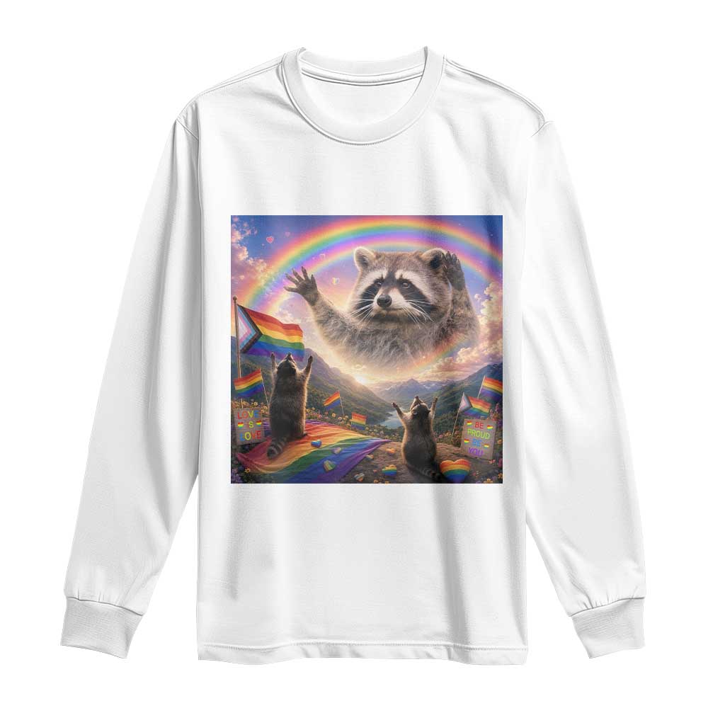 LGBTQ Pride Raccoon Rainbow Flag Long Sleeve Shirt Two Raccoons Howling to The Rainbow TS14 White Print Your Wear