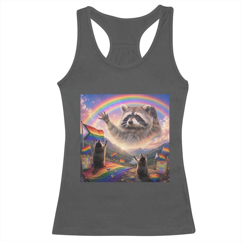 LGBTQ Pride Raccoon Rainbow Flag Racerback Tank Top Two Raccoons Howling to The Rainbow TS14 Dark Heather Print Your Wear