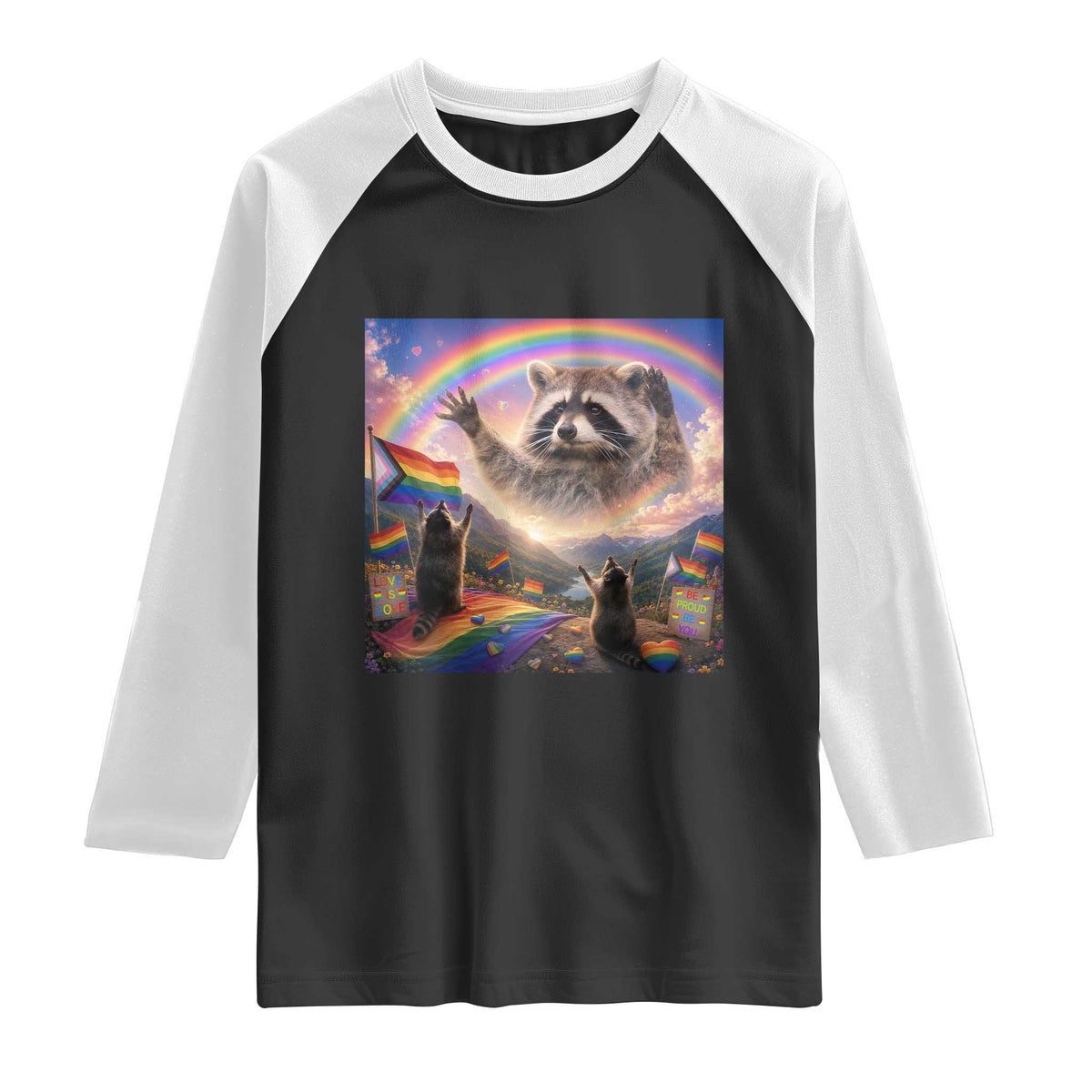 LGBTQ Pride Raccoon Rainbow Flag Raglan Shirt Two Raccoons Howling to The Rainbow TS14 Black White Print Your Wear