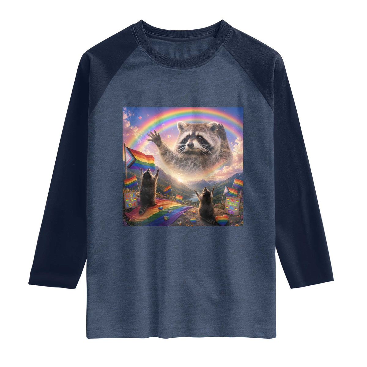 LGBTQ Pride Raccoon Rainbow Flag Raglan Shirt Two Raccoons Howling to The Rainbow TS14 Heather Denim Navy Print Your Wear