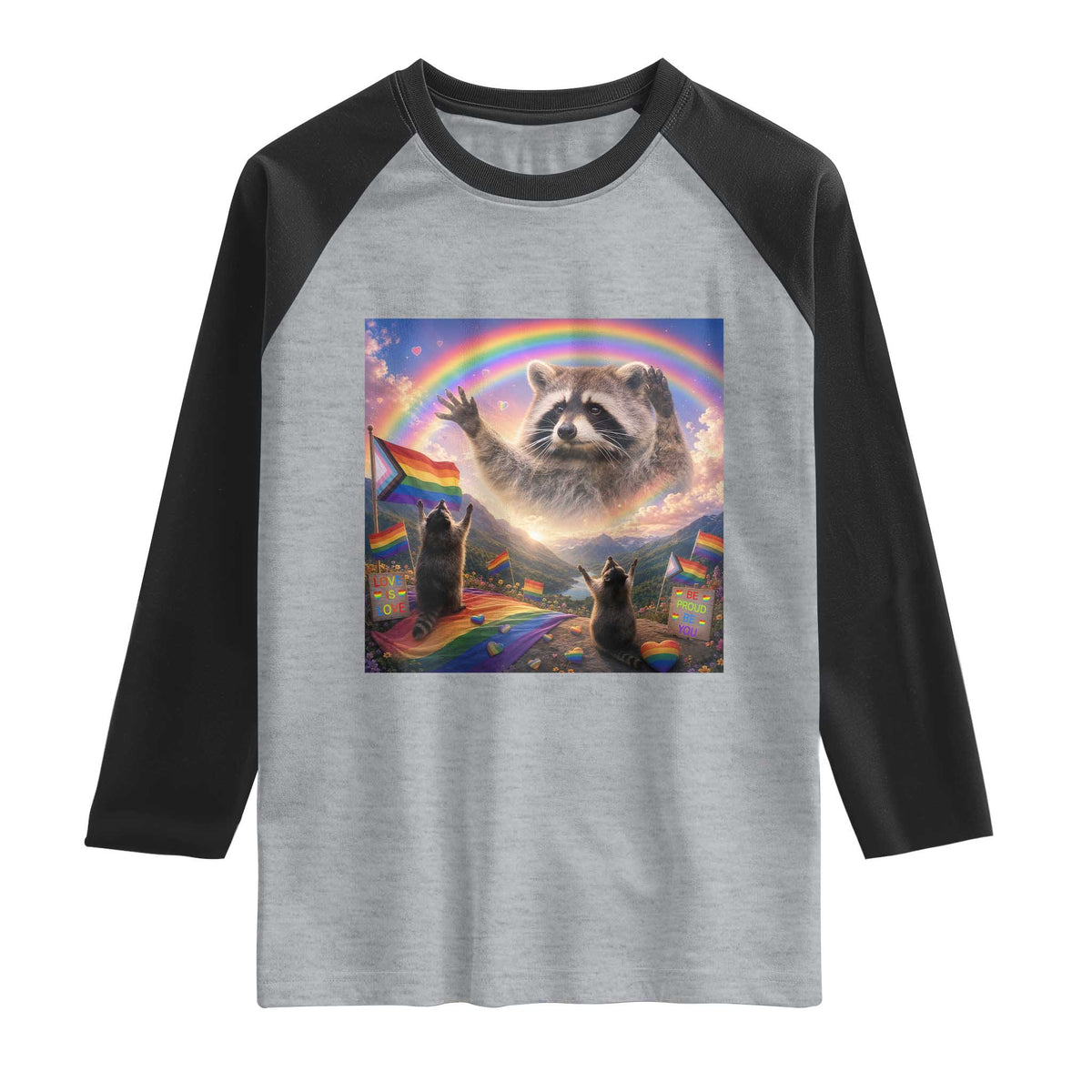 LGBTQ Pride Raccoon Rainbow Flag Raglan Shirt Two Raccoons Howling to The Rainbow TS14 Heather Gray Black Print Your Wear