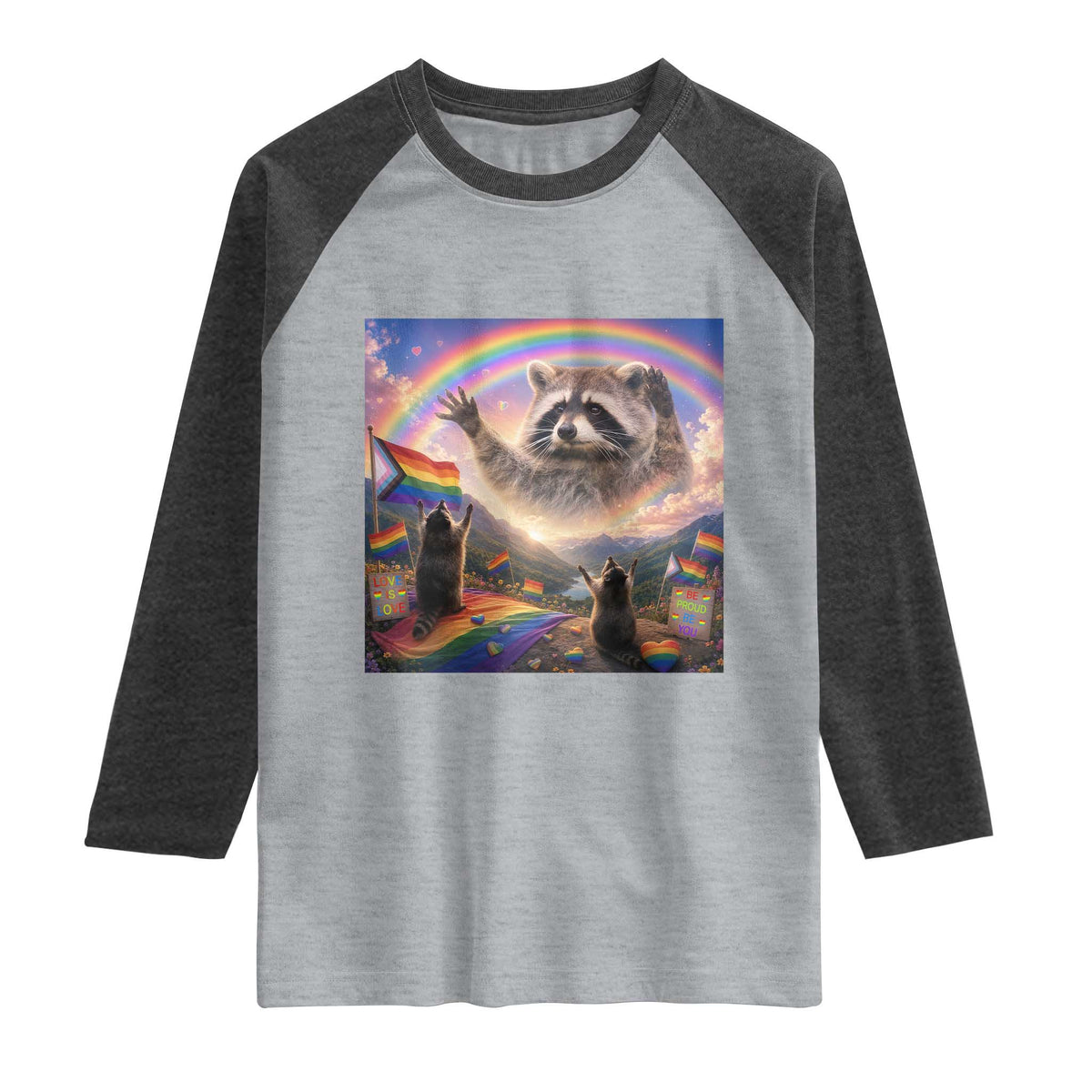 LGBTQ Pride Raccoon Rainbow Flag Raglan Shirt Two Raccoons Howling to The Rainbow TS14 Heather Gray Heather Charcoal Print Your Wear