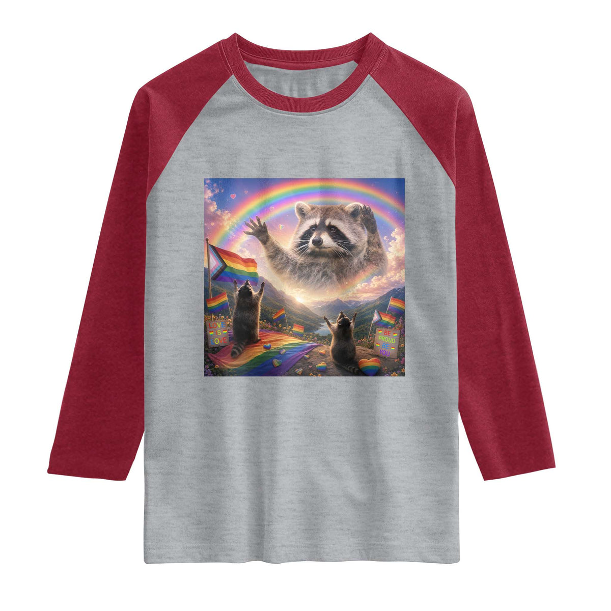 LGBTQ Pride Raccoon Rainbow Flag Raglan Shirt Two Raccoons Howling to The Rainbow TS14 Heather Gray Heather Red Print Your Wear