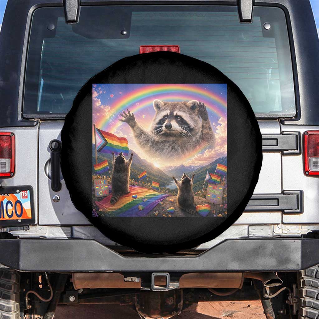 LGBTQ Pride Raccoon Rainbow Flag Spare Tire Cover Two Raccoons Howling to The Rainbow TS14 No hole Black Print Your Wear