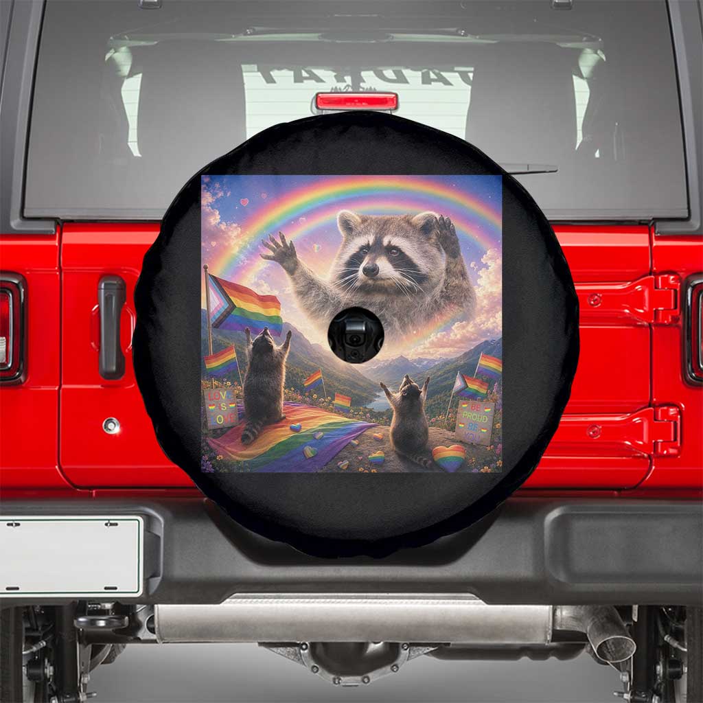 LGBTQ Pride Raccoon Rainbow Flag Spare Tire Cover Two Raccoons Howling to The Rainbow TS14 Black Print Your Wear