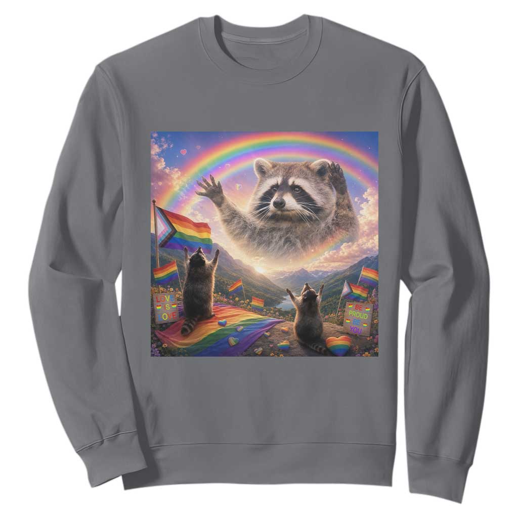 LGBTQ Pride Raccoon Rainbow Flag Sweatshirt Two Raccoons Howling to The Rainbow TS14 Charcoal Print Your Wear