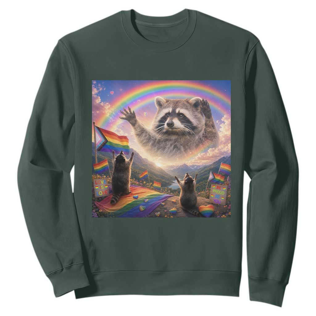 LGBTQ Pride Raccoon Rainbow Flag Sweatshirt Two Raccoons Howling to The Rainbow TS14 Dark Forest Green Print Your Wear
