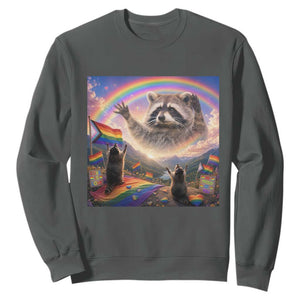 LGBTQ Pride Raccoon Rainbow Flag Sweatshirt Two Raccoons Howling to The Rainbow TS14 Dark Heather Print Your Wear