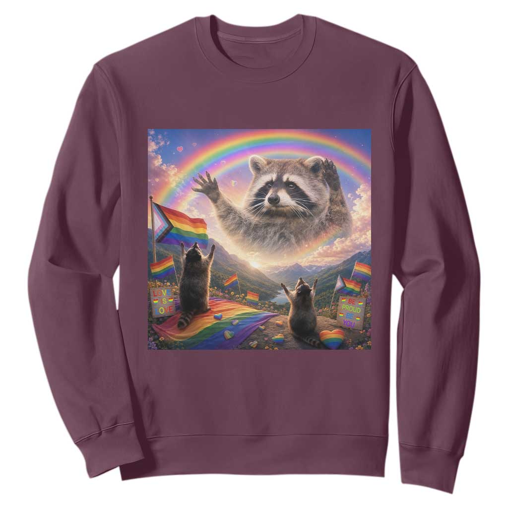 LGBTQ Pride Raccoon Rainbow Flag Sweatshirt Two Raccoons Howling to The Rainbow TS14 Maroon Print Your Wear