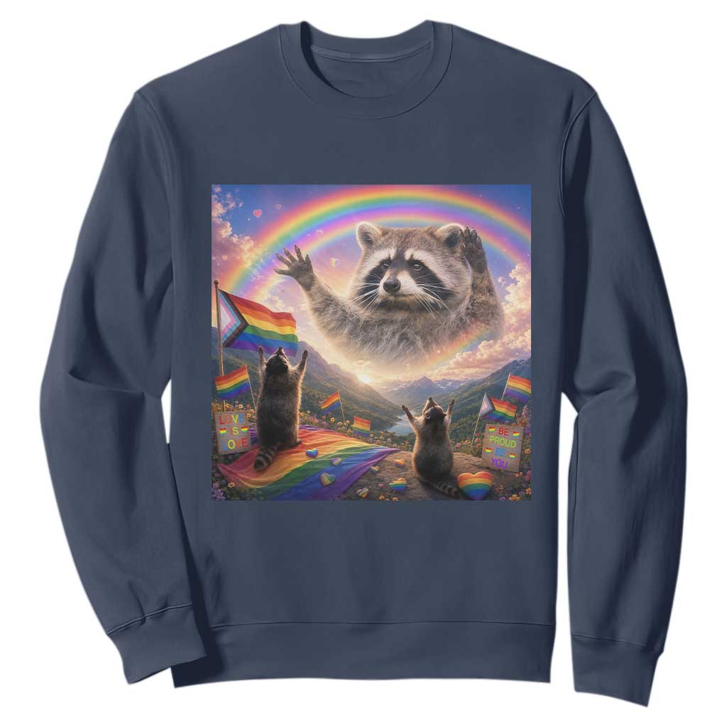 LGBTQ Pride Raccoon Rainbow Flag Sweatshirt Two Raccoons Howling to The Rainbow TS14 Navy Print Your Wear