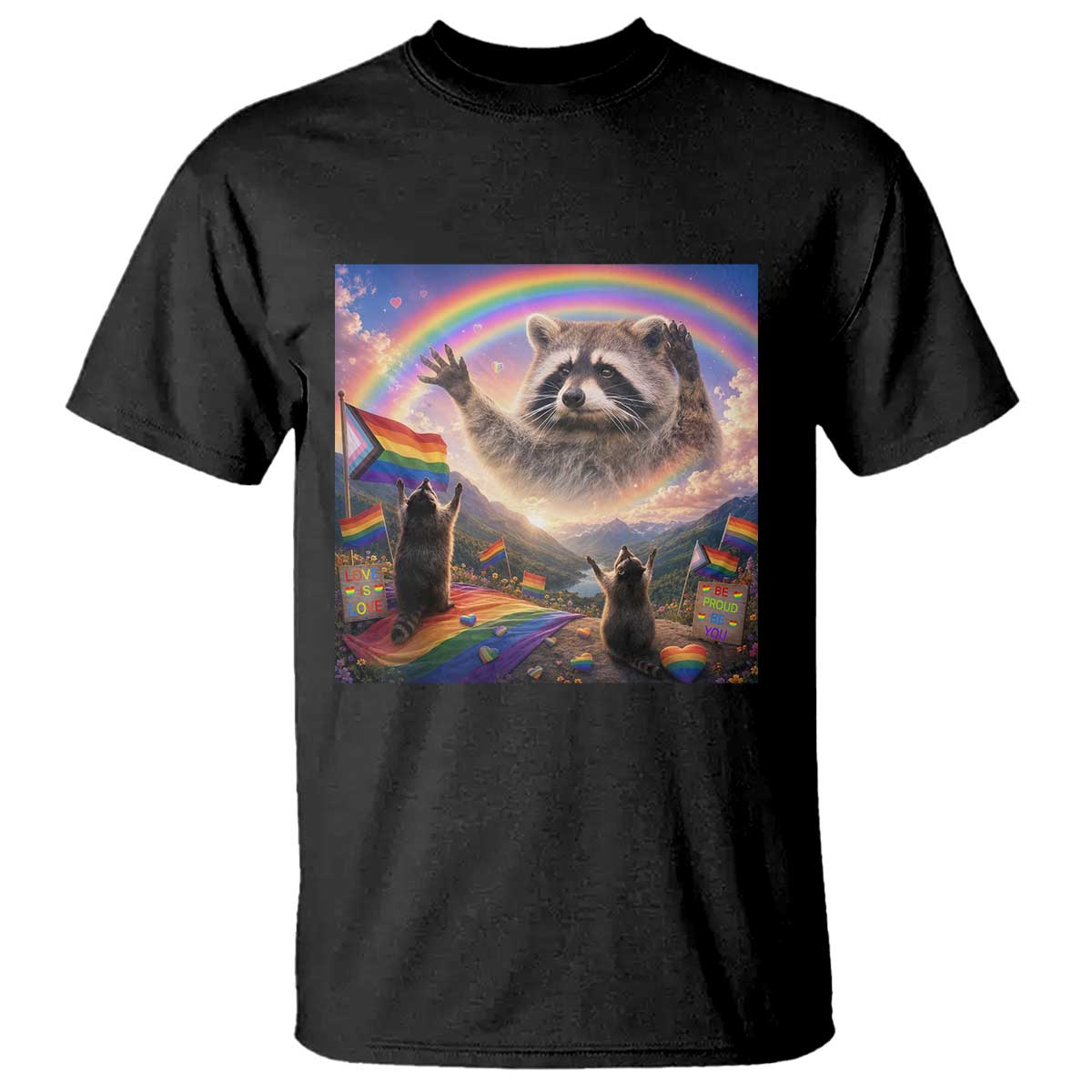 LGBTQ Pride Raccoon Rainbow Flag T Shirt Two Raccoons Howling to The Rainbow TS14 Black Print Your Wear