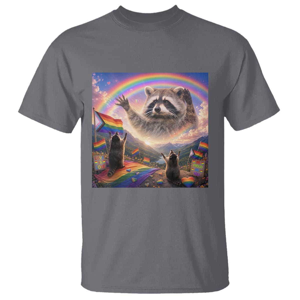 LGBTQ Pride Raccoon Rainbow Flag T Shirt Two Raccoons Howling to The Rainbow TS14 Charcoal Print Your Wear