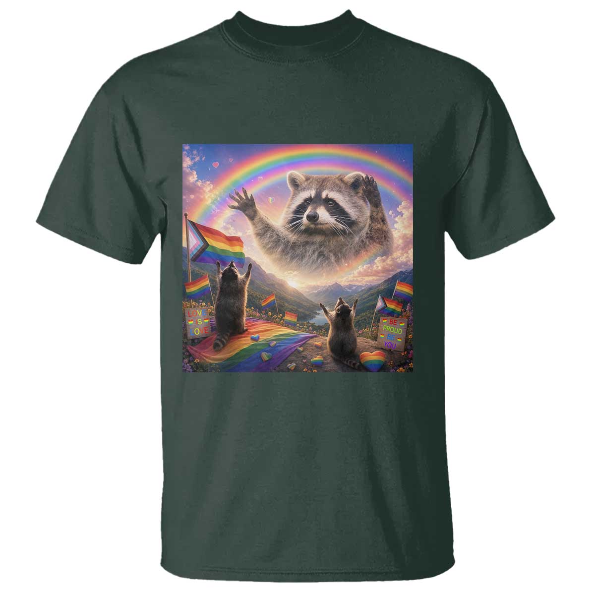 LGBTQ Pride Raccoon Rainbow Flag T Shirt Two Raccoons Howling to The Rainbow TS14 Dark Forest Green Print Your Wear