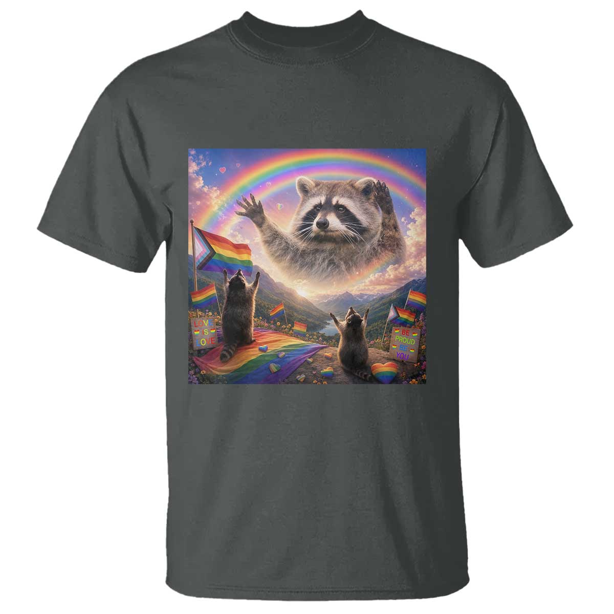 LGBTQ Pride Raccoon Rainbow Flag T Shirt Two Raccoons Howling to The Rainbow TS14 Dark Heather Print Your Wear
