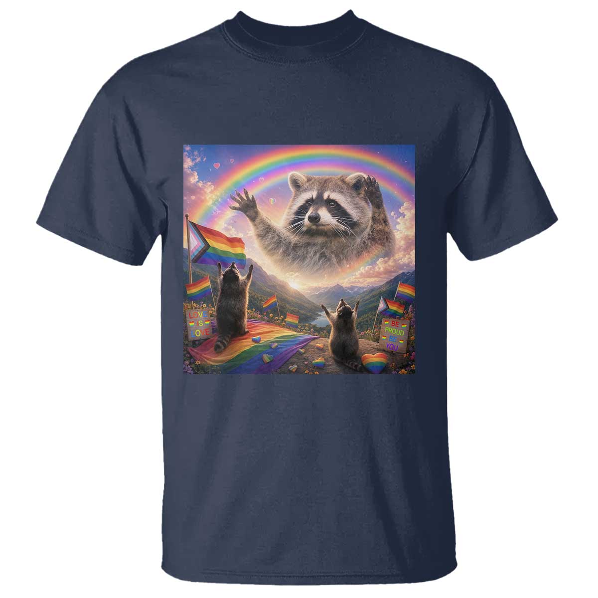 LGBTQ Pride Raccoon Rainbow Flag T Shirt Two Raccoons Howling to The Rainbow TS14 Navy Print Your Wear