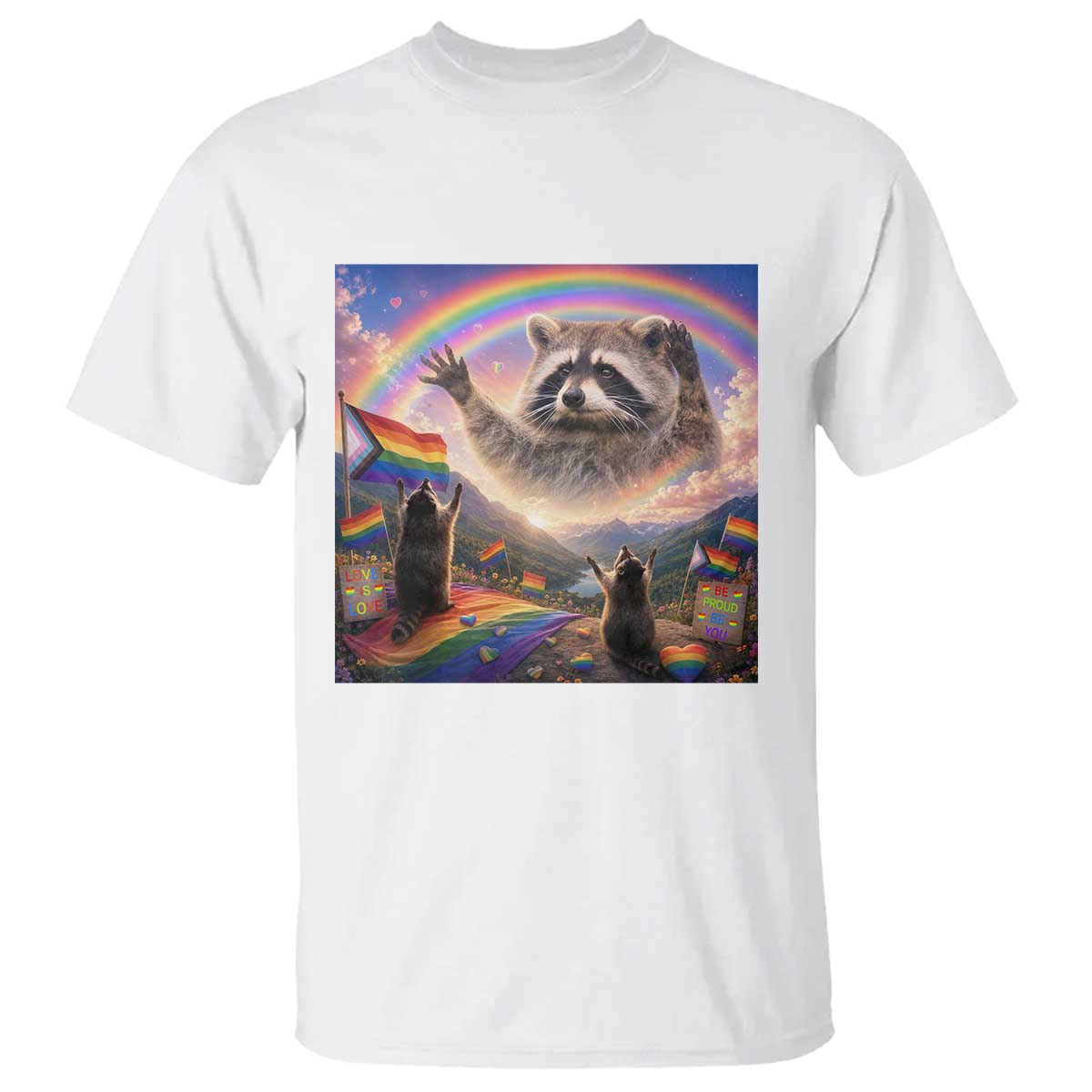 LGBTQ Pride Raccoon Rainbow Flag T Shirt Two Raccoons Howling to The Rainbow TS14 White Print Your Wear