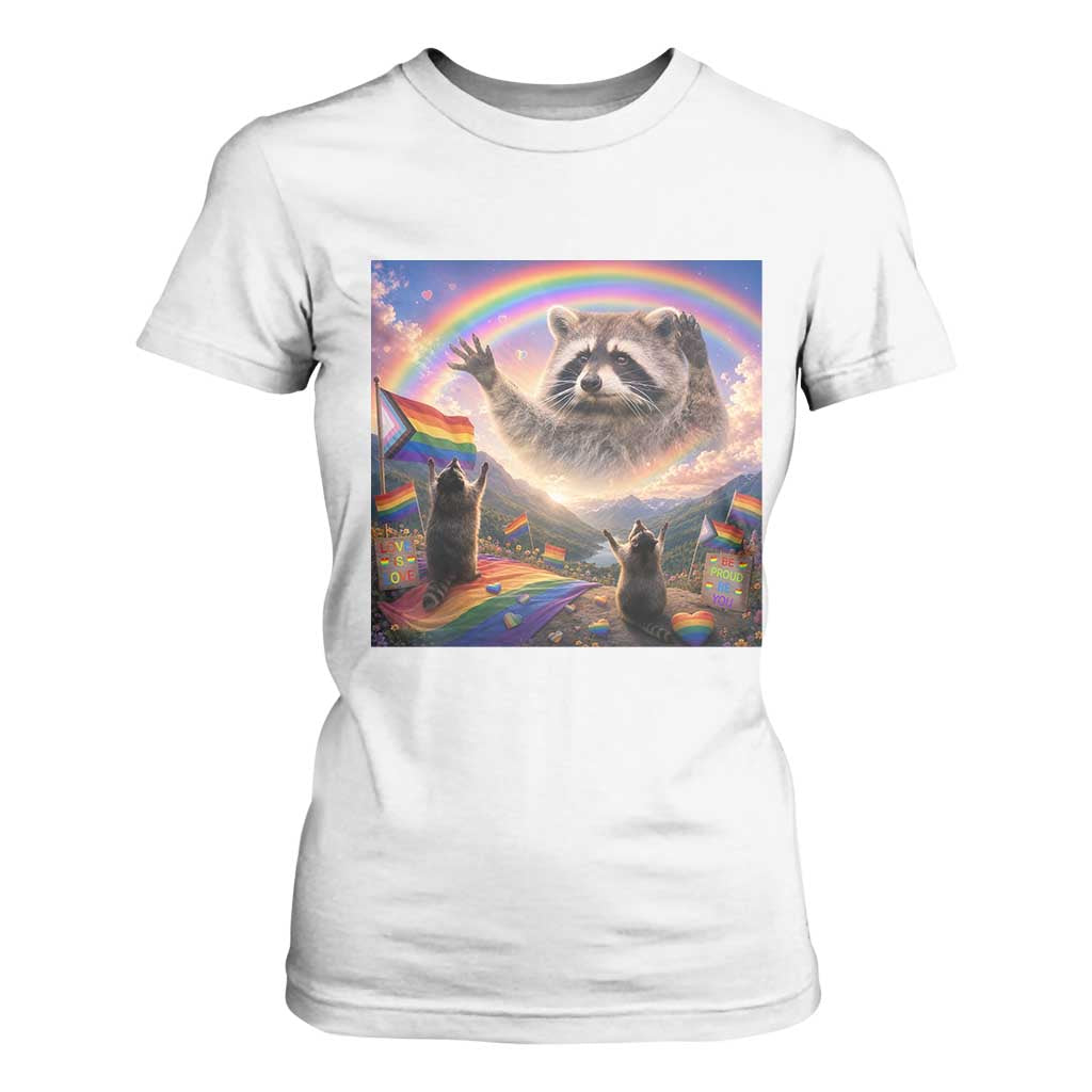 LGBTQ Pride Raccoon Rainbow Flag T Shirt For Women Two Raccoons Howling to The Rainbow TS14 White Print Your Wear