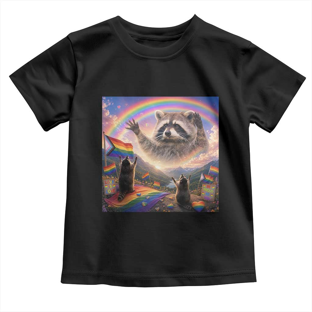LGBTQ Pride Raccoon Rainbow Flag Toddler T Shirt Two Raccoons Howling to The Rainbow TS14 Black Print Your Wear