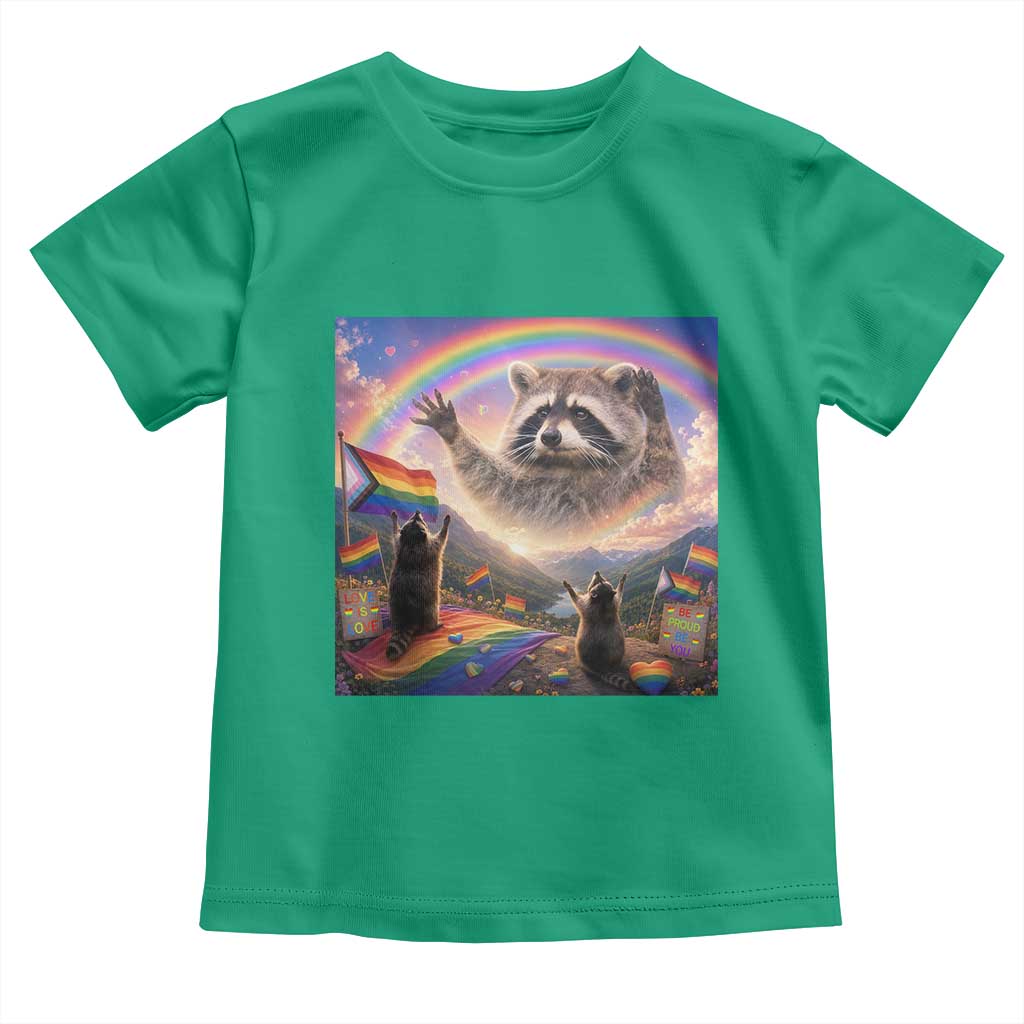 LGBTQ Pride Raccoon Rainbow Flag Toddler T Shirt Two Raccoons Howling to The Rainbow TS14 Irish Green Print Your Wear