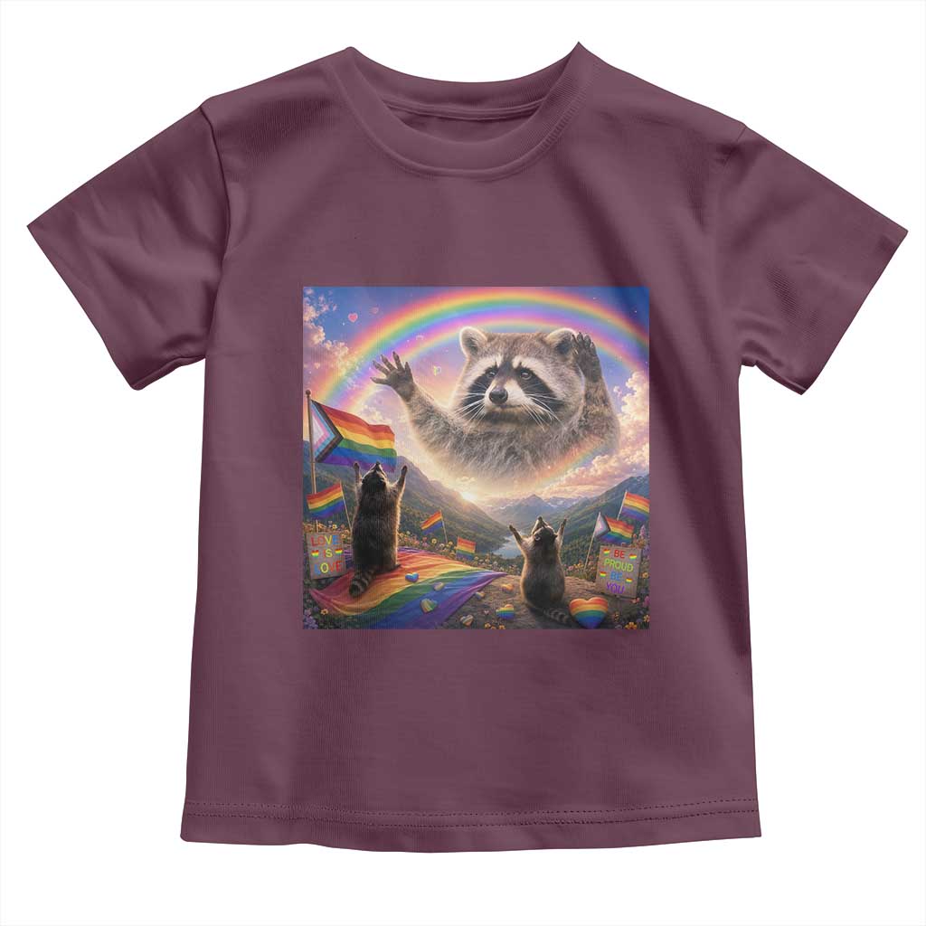 LGBTQ Pride Raccoon Rainbow Flag Toddler T Shirt Two Raccoons Howling to The Rainbow TS14 Maroon Print Your Wear