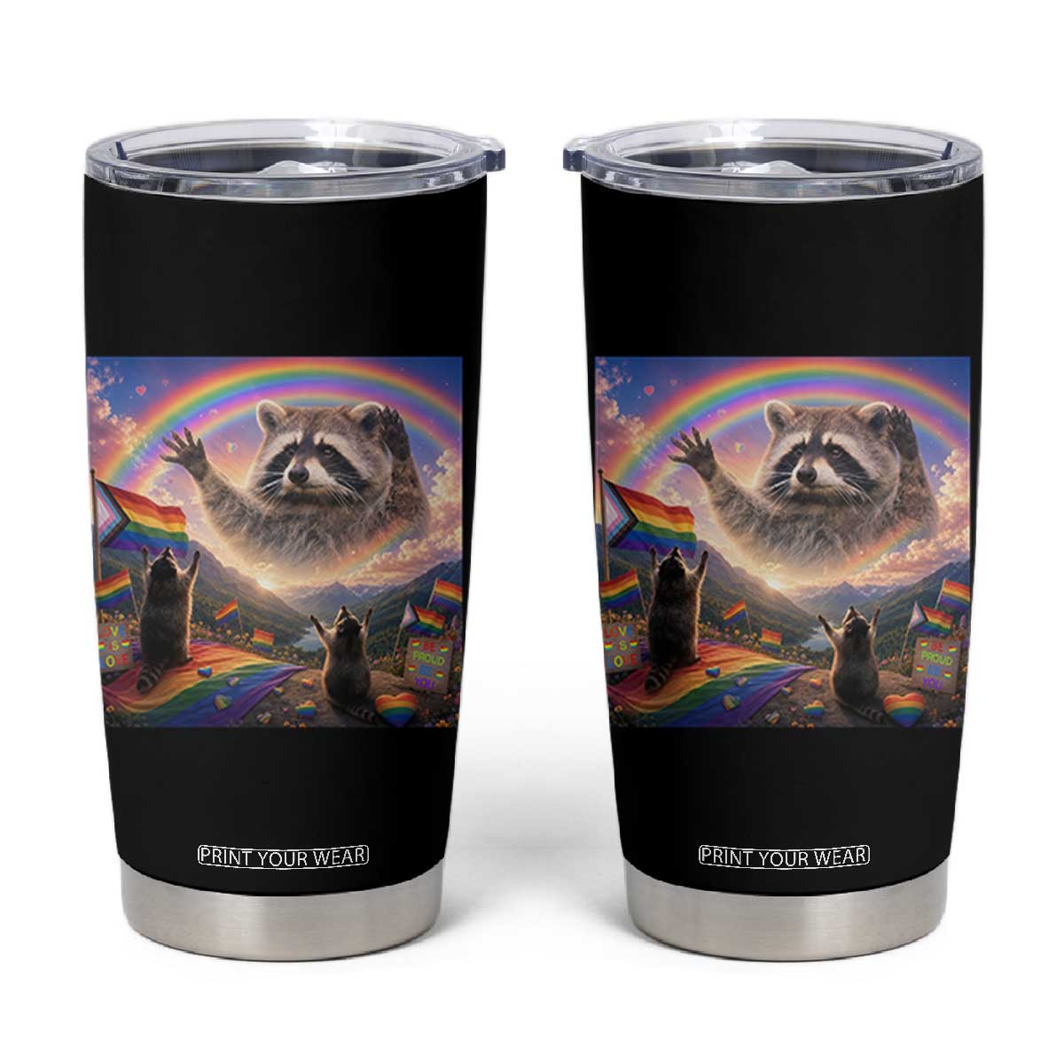 LGBTQ Pride Raccoon Rainbow Flag Tumbler Cup Two Raccoons Howling to The Rainbow TS14 Black Print Your Wear