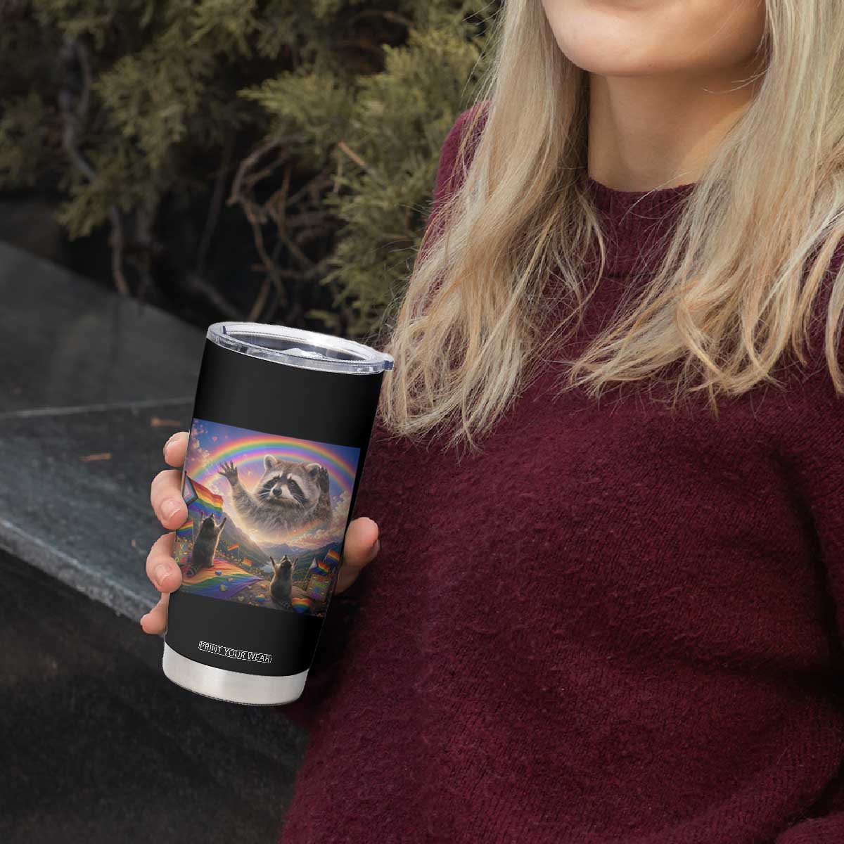 LGBTQ Pride Raccoon Rainbow Flag Tumbler Cup Two Raccoons Howling to The Rainbow TS14 Print Your Wear