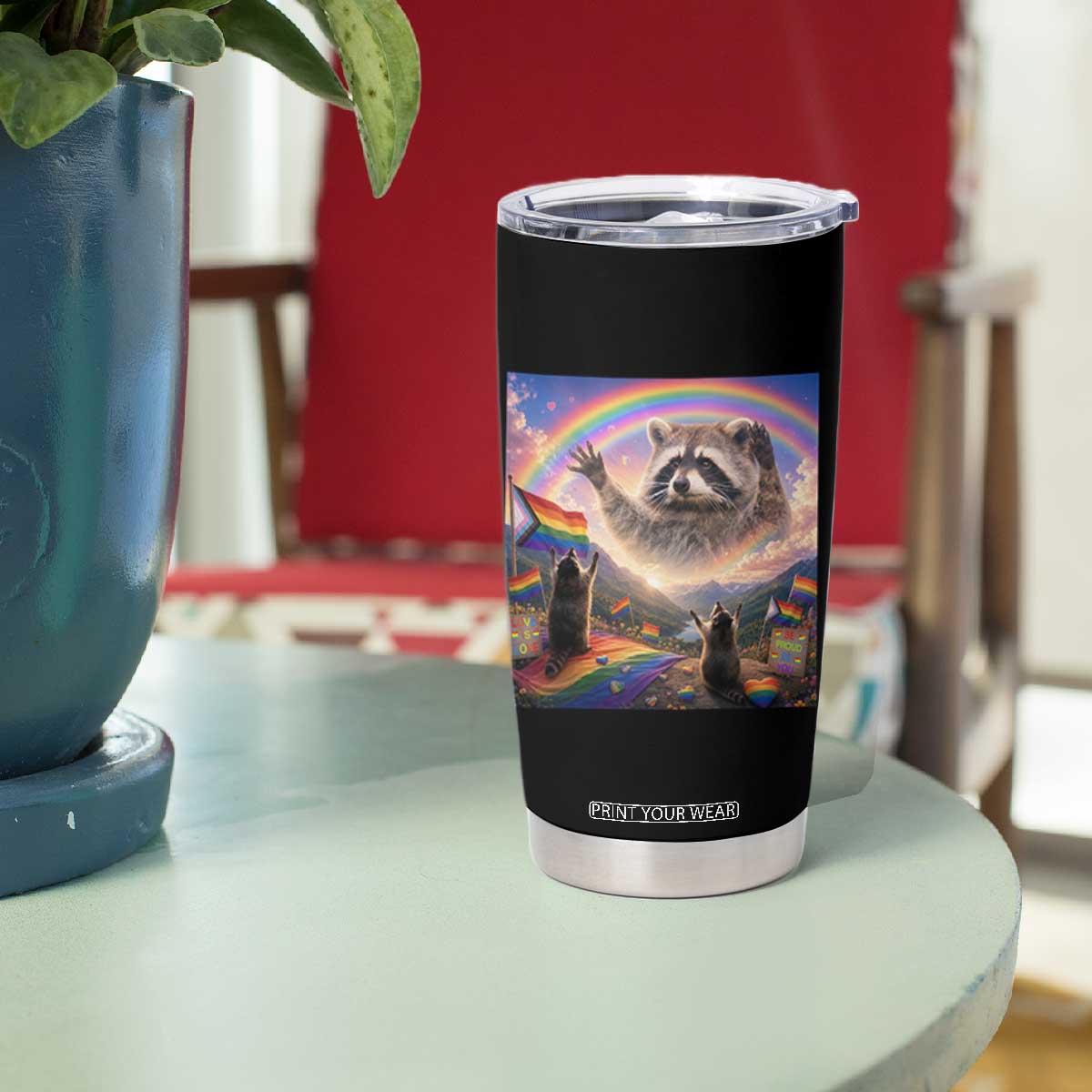 LGBTQ Pride Raccoon Rainbow Flag Tumbler Cup Two Raccoons Howling to The Rainbow TS14 Print Your Wear