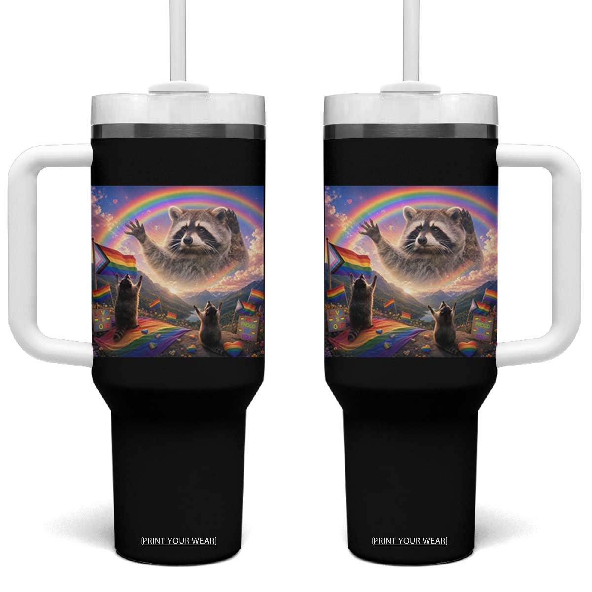 LGBTQ Pride Raccoon Rainbow Flag Tumbler With Handle Two Raccoons Howling to The Rainbow
